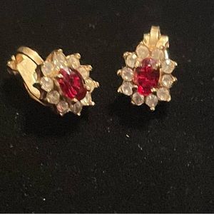 Vintage clip on earrings gold tone with fake diamond and rubies. Sophisticated